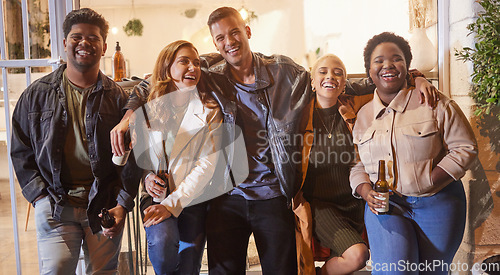 Image of Happy people, diversity or fun portrait in city, street or road for beer party, New Year or birthday celebration. Smile, friends or men with excited women in social gathering, night out or drinks