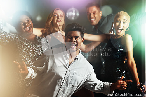 Image of Happy people, diversity or dancing portrait on dance floor in party, nightclub event or bokeh disco for birthday celebration. Smile, dancer or bonding friends in social gathering, concert or festival