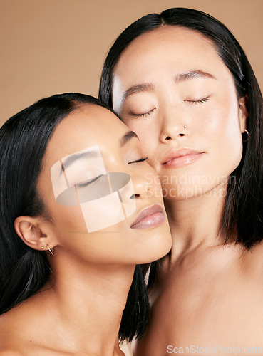 Image of Women, beauty and faces with skincare glow for diversity of skin and cosmetic self care. Facial, dermatology and spa treatment for friends or models isolated against a brown studio background