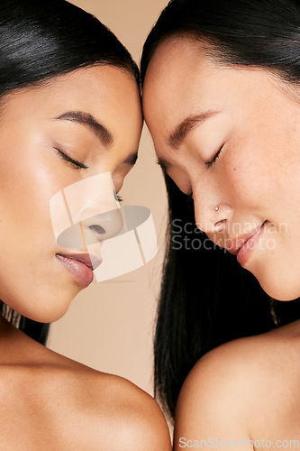 Image of Women, skin and face beauty with skincare glow for diversity and cosmetic self care. Facial, dermatology and spa treatment for friends or models isolated against a brown studio background