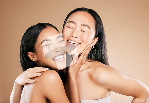 Image of Diversity, skincare or women smile with beauty or natural glow relaxing while isolated on studio background. Happy, faces or beautiful girl models with dermatology cosmetics or facial products