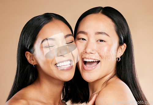 Image of Face, skin and diversity with model woman friends closeup in studio on a beige background. Skincare, facial or cosmetics with an attractive young female and friend posing to promote a beauty product