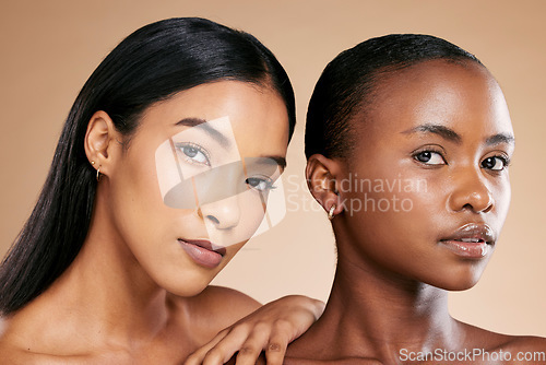 Image of Skincare, beauty and face portrait of women friends in studio for dermatology, makeup and cosmetics. Asian and black person together for skin glow, spa facial and body wellness with luxury shine