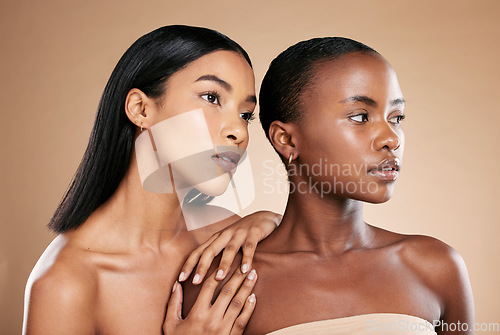 Image of Skincare, beauty women and friends in studio for dermatology, makeup and cosmetics. Black people together for model skin inclusion, spa facial and face glow for wellness on a brown background