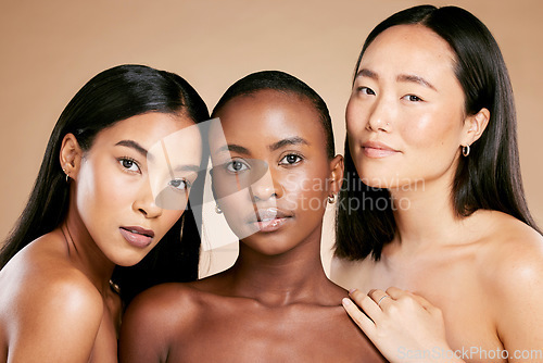 Image of Skincare, beauty and diversity, portrait of women with serious face on art studio background. Health, wellness and luxury cosmetics, healthy skin care and beautiful people with natural salon makeup.