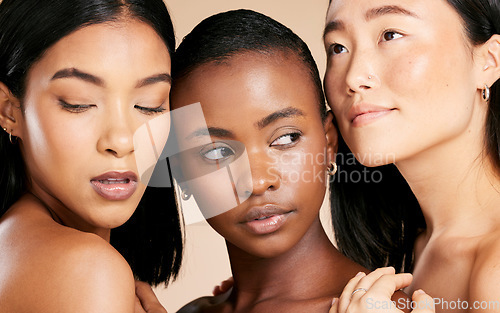 Image of Skincare, cosmetics and diversity, women with beauty and wellness, cropped on studio background. Health, culture and luxury skin care for beautiful people with natural makeup for international market