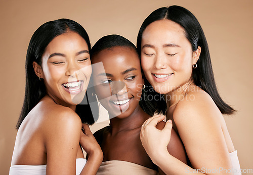 Image of Skincare, beauty and diversity, happy women with smile and eyes closed on studio background. Health, wellness and luxury cosmetics, healthy skin care and beautiful, friendly people in natural makeup