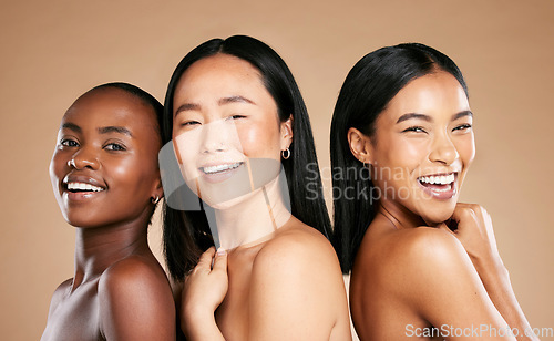 Image of Diversity, beauty and portrait of happy women with smile, skincare and studio background. Health, wellness and luxury cosmetics, healthy skin care spa and happy, friendly people with natural makeup.