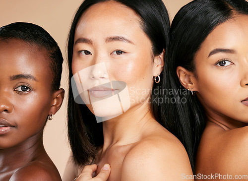 Image of Diversity, women and skincare, portrait of beauty models empowerment and focus on studio background. Health, wellness and luxury cosmetics, healthy skin care and beautiful people with natural makeup.