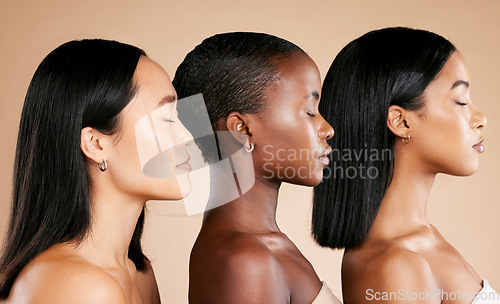 Image of Diversity, beauty and women, face and profile with skincare, natural cosmetics and makeup isolated on studio background. Cosmetic glow, different skin color and wellness, dermatology and facial