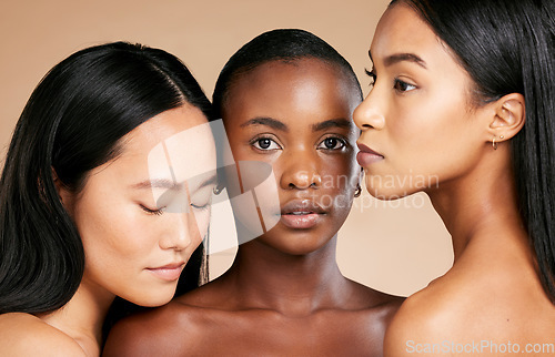 Image of Beauty, creative portrait of multicultural women and skincare salon on studio background. Health, wellness and diversity, luxury cosmetics for healthy skin care and beautiful people in natural makeup