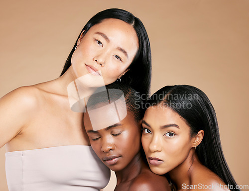 Image of Portrait, skincare or women with beauty, diversity or natural glow relaxing while isolated on studio background. Support, faces or beautiful girl models with dermatology cosmetics or facial products