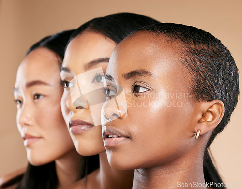 Image of Diversity, beauty and women, face zoom with profile, skincare makeup and natural cosmetics isolated on studio background. Cosmetic glow, different skin color and wellness, dermatology and facial