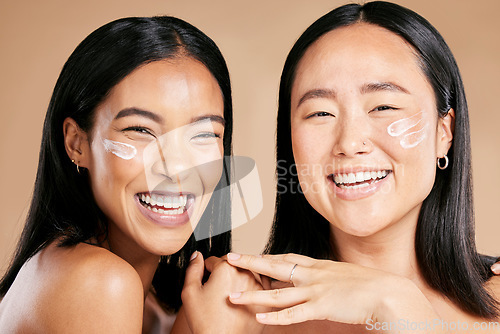 Image of Woman, skincare and portrait of face cream product in studio for wellness and skin on isolated brown background. Diversity, mask and friends relax for beauty, sunscreen and lotion, luxury and pamper