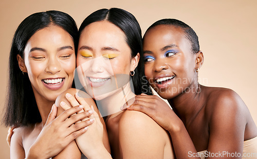 Image of Women, makeup and face skincare wellness, cosmetics dermatology and closed eyes in brown background studio. Young model support, diversity happiness and luxury spa treatment for natural glowing skin