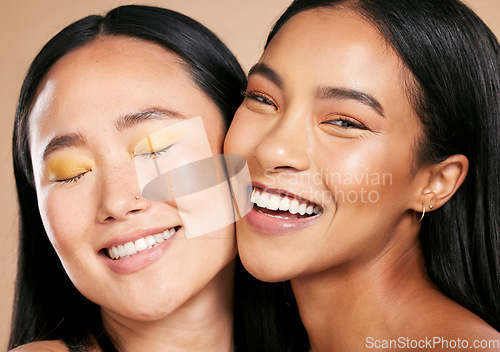 Image of Makeup, happy and women face portrait with skincare glow for diversity of skin and cosmetic self care. Smiling, dermatology and spa treatment for friends or models isolated against studio background