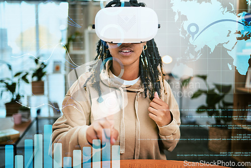 Image of Virtual reality, global data woman gesture for vr elearning, globalization education or future learning innovation. Knowledge metaverse, data overlay and black student study with ai augmented reality