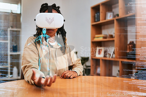 Image of Virtual reality, vr and woman with human body hologram for digital research, online study or e learning. 3d anatomy, augmented reality overlay and African medical student with ai metaverse innovation