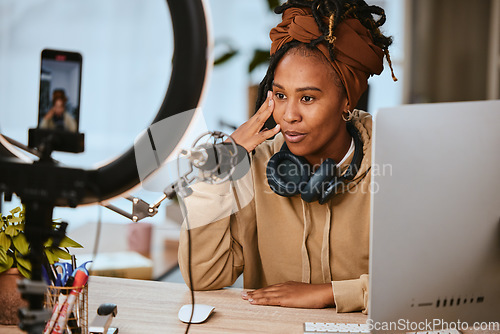 Image of Communication, phone and presenter streaming podcast, radio talk show or speaker talking about teen culture. Online broadcast microphone, black woman and gen z influencer speaking about student news