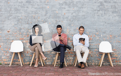 Image of Diversity, recruitment or business people in digital agency data analysis interview, cyber security or hiring team. Teamwork, technology or employee in lobby for startup tech or SEO programmer job