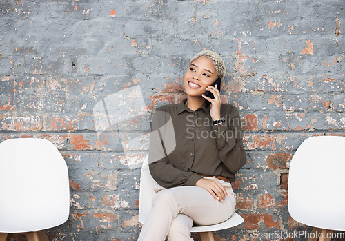 Image of Phone call, recruitment and woman thinking on brick wall, sitting in line for opportunity, hr news and career vision. Smartphone, waiting room and black person for hiring, networking or feedback talk