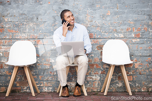 Image of Recruitment, phone call and black man thinking on brick wall or waiting room for career dream, opportunity or job search. Happy person in line on smartphone for hiring news, interview and recruiting