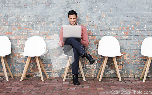 Image of Laptop, recruitment or startup man for digital agency interview on tech waiting for recruitment, HR or hiring team. Business man, research or employee job interview for a cyber, programmer or hacker.