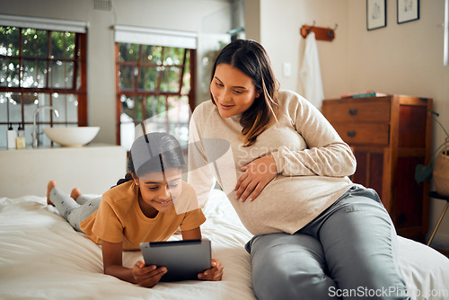 Image of Pregnant woman, child and tablet for online learning in home bedroom for bonding, education and knowledge. Smile of kid and mother together bedroom for pregnancy research and support on mobile app