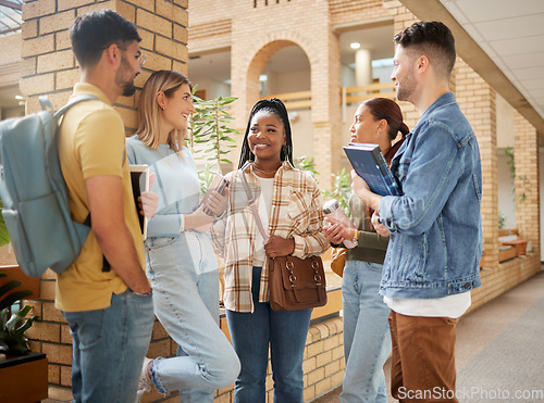 Image of Learning, friends and college with students happy on campus with books for education, scholarship or knowledge. Study, future or university with people for back to school, academy or exam goals