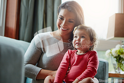 Image of Relax, happy and smile with mother and baby on sofa for bonding, quality time and child development. Growth, support and trust with mom and daughter in family home for health, connection and care