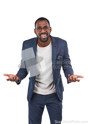 Image of Confused, business man portrait and shrug of a professional employee in a studio. Isolated, white background and entrepreneur of an african executive with confusion doubt, uncertainty and glasses