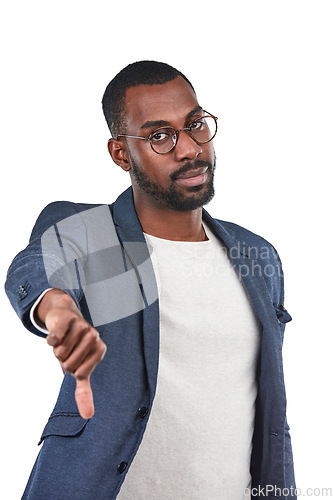 Image of Sad, disappointed and portrait of a black man with a thumbs down isolated on a white background. Frustrated, angry and African businessman with a negative hand gesture for fail, mistake and problem