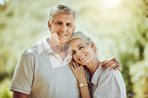 Image of Portrait, love and senior couple outdoor, hug and bonding for romance, retirement and loving together. Romantic, old woman and mature man embrace, happiness or enjoy quality time in nature and relax