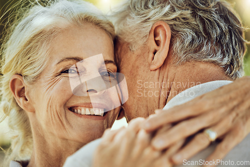 Image of Hug, love and portrait of a senior couple in nature for bonding, quality time and care in France. Affection, happy and face of an elderly woman hugging a man for romance in retirement in a park