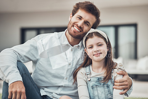 Image of Father, child and portrait smile for family time, relationship or quality bonding together outside a house. Happy dad holding daughter smiling in happiness for home, care or childhood in the outdoors