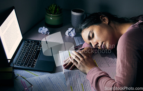 Image of Woman, laptop and student sleeping, night and burnout for studying, mental health and overworked. Female, girl or academic tired for test, report or lady with computer, late evening or notes for exam