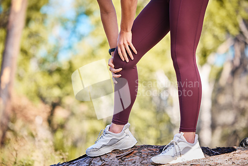 Image of Knee injury, woman runner and nature park path for fitness, health or rest by trees to massage legs. Outdoor training, running and relax in woods for joint pain emergency, anatomy problem or workout
