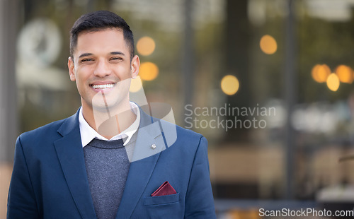 Image of businessman, success smile portrait and outdoor city for leader motivation, goals management or happiness vision. Corporate male, manager and positive mindset energy or achievement in cityscape