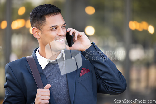 Image of Business man, phone call with communication and networking with smartphone outdoor and technology in city. Corporate professional, mobile and conversation with 5g network, b2b and contact mockup