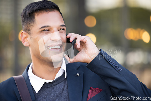 Image of Business man, phone call with communication and smartphone outdoor, networking and technology in city. Corporate professional, mobile and conversation, 5g network and b2b, contact and negotiation