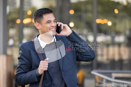 Image of Business man, phone call with communication and networking with smartphone outdoor and technology in city. Corporate professional, mobile and conversation with 5g network, b2b and contact mockup