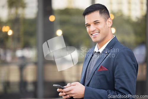 Image of Cellphone, portrait and businessman outdoor in the city with success, leadership and confidence. Technology, mobile and happy professional corporate manager networking on a cellphone in the town.