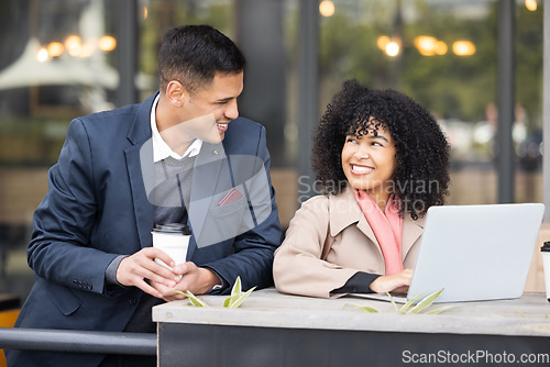 Image of Black woman, businessman and cafe meeting with laptop, schedule planning and strategy for success. Man, coffee shop and working partnership, collaboration or happiness for financial solution business