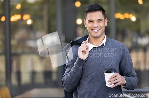 Image of City portrait, coffee break and happy businessman walking, smile and on travel journey in urban New York. Mockup employee, tea and relax worker, agent or person on morning commute to office building