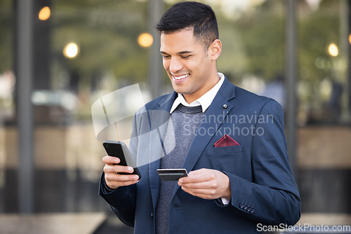 Image of Phone, online shopping or business man with credit card for payment, internet purchase or ecommerce in London street. Fintech, happy or employee for trading, banking or investment with smile in city