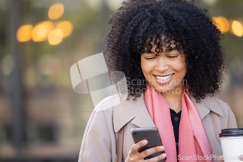 Image of Happy, travel or black woman with phone for networking, social media or communication in London street. Search, smile or manager with smartphone for research, internet or blog content review outdoor