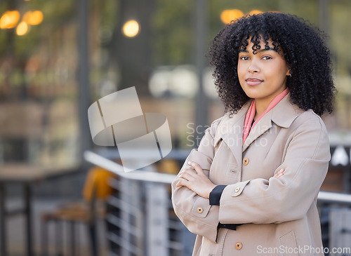 Image of Portrait, fashion or mockup and a business black woman in the city standing arms crossed with future vision. Mindset, mission and growth with a female employee outdoor in an urban town for work