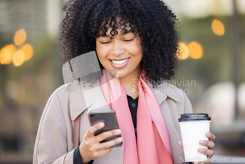 Image of Travel, smile or business woman with phone for networking, social media or communication in London street. Search, happy or manager on smartphone for research, internet or blog content review outdoor