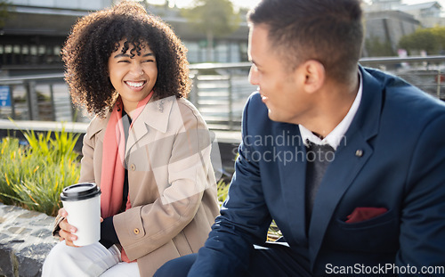 Image of Businessman, black woman and conversation with coffee in city for planning, strategy or social discussion on break. Teamwork, finance job and friends with comic moment in urban metro park at lunch