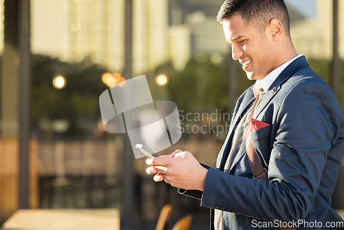 Image of Hands, travel or business man with phone for networking, social media or communication in London street. Search, happy or manager with smartphone for research, internet or blog content review outdoor